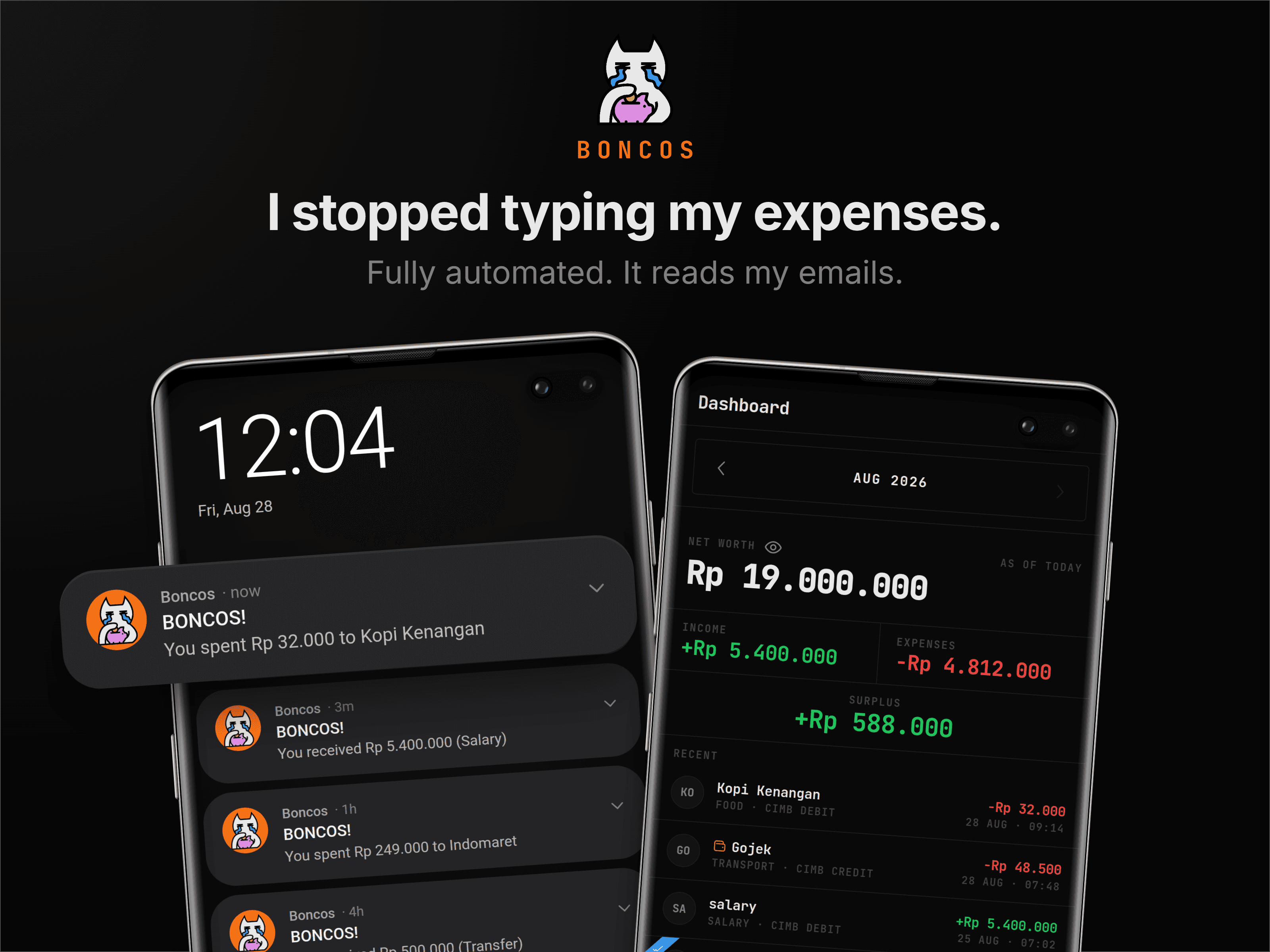 The Boncos logo above the line "I stopped typing my expenses", with two phones below showing lock screen notifications and the dashboard