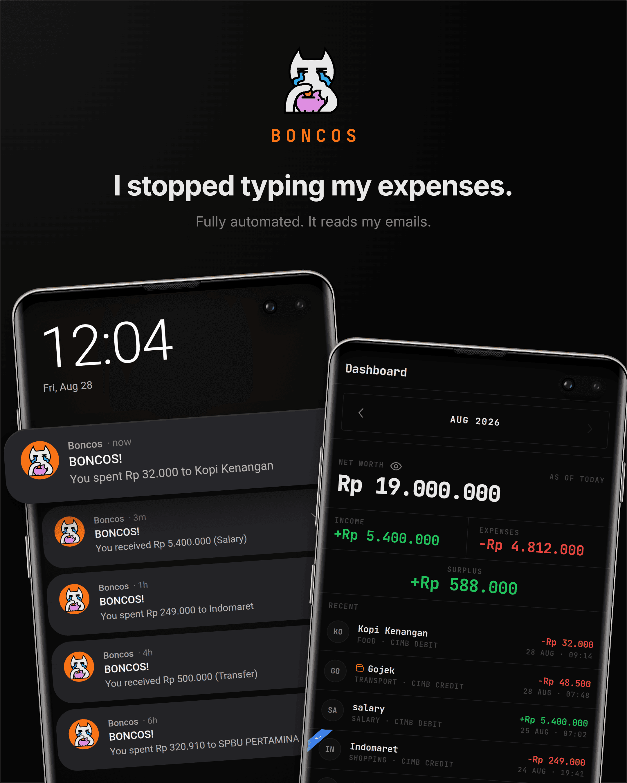 The Boncos logo above the line "I stopped typing my expenses", with two phones below showing lock screen notifications and the dashboard
